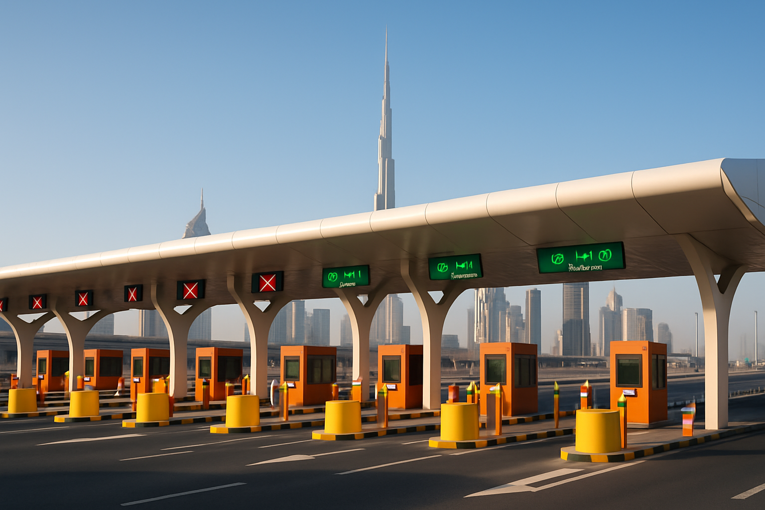 Modern toll plaza in Dubai with electronic payment systems